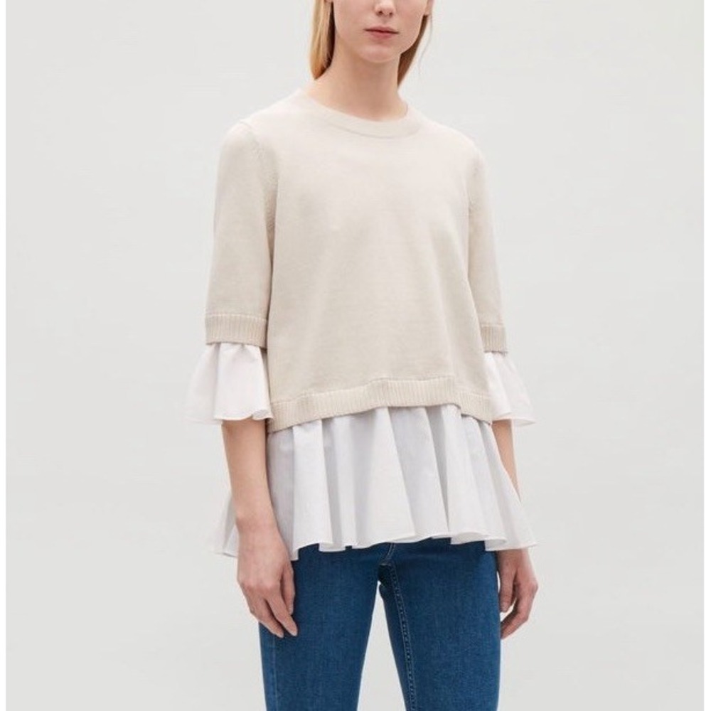 COS Mixed Media Knitted Jumper with Shirt Detail Sz 6 Neutral Ruffle Layered